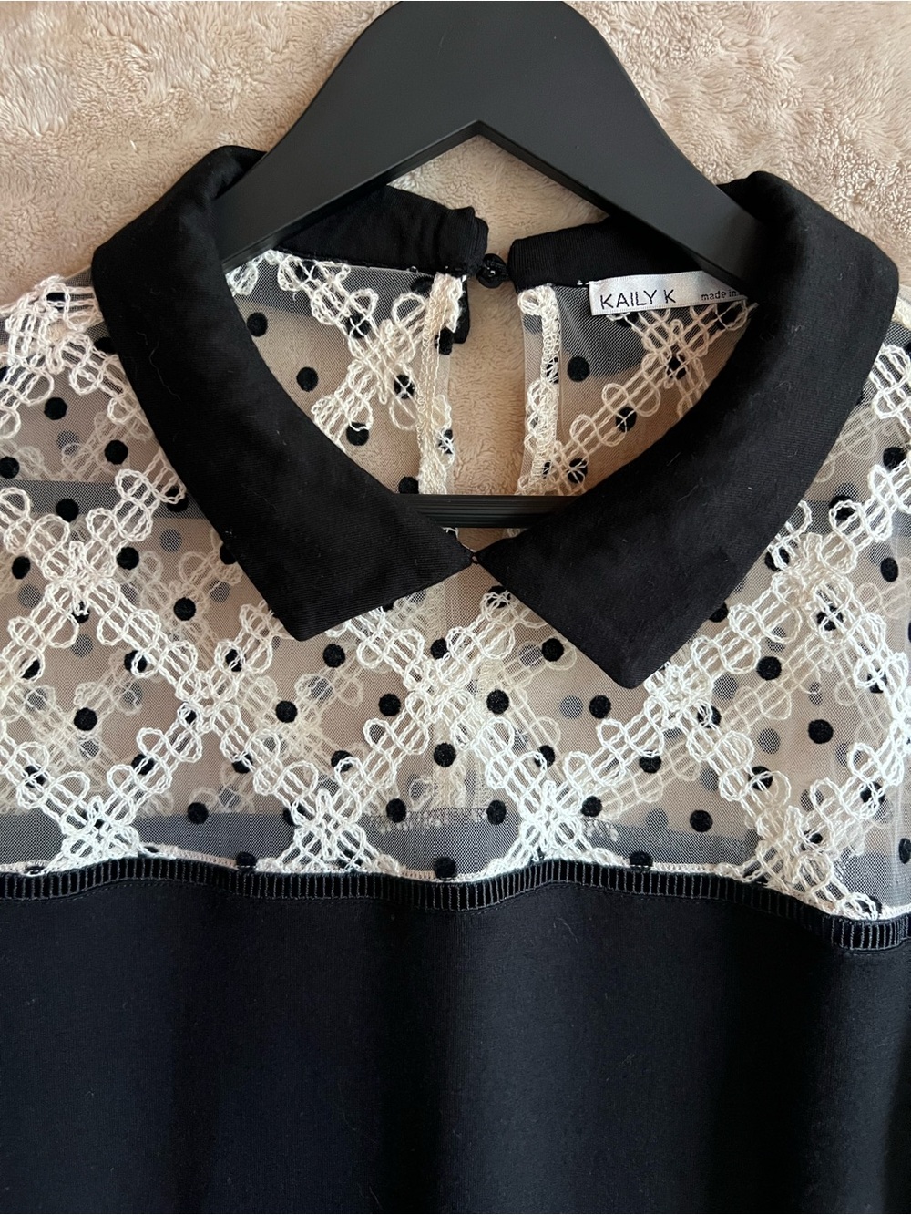 Kaily K Black White Lace Polka Dot Peter Pan Collar Puff Sleeve Top Medium Chic - Picture 5 of 9